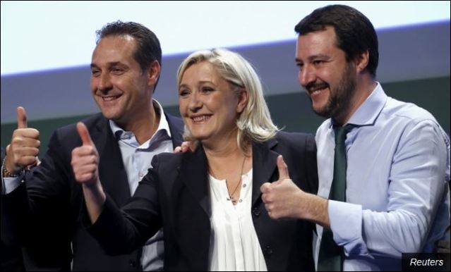 Аустријски, француски и италијански лидери антиевропске политике Хајнц Кристијан Штрахе, Марин ле Пен и Матео Салвини