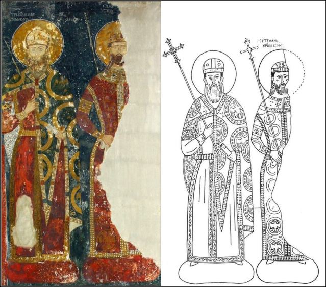 3. Принц Стефан Немањић у плавој коластој аздији севастократора, копија фреске и цртеж фреске, Богородица Љевишка