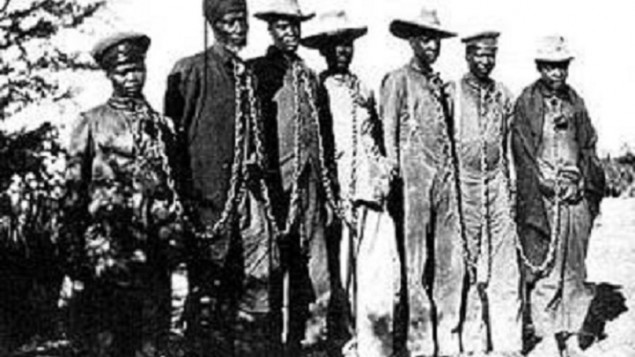 Оковани припадници Хереро народа у време побуне 1904. године (Фотографија: Улштајн Билдердинст, Берлин / Википедија)