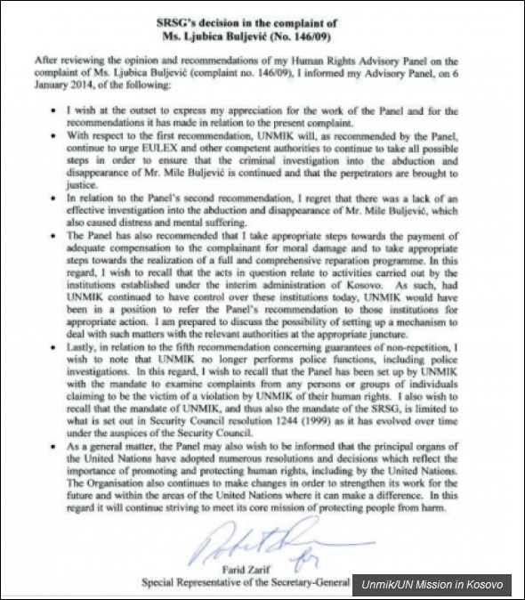 Доказ: Званично обавештење упућено Еулексу и породици Буљевић