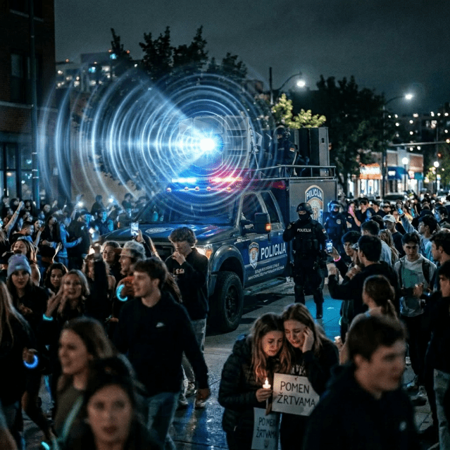 Police vehicle with loudspeaker and flashing lights among crowd at night